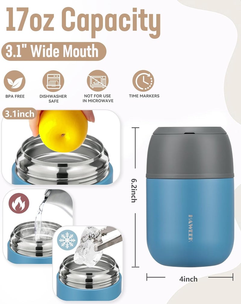 Haweek 17oz Soup Thermo for Hot Food Adults Insulated Food Jar Thermo Hot Food Lunch Container Wide Mouth Stainless Steel Lunch Box for Kids with Folding Spoon Cleaning Brush Gray Blue - Image 3